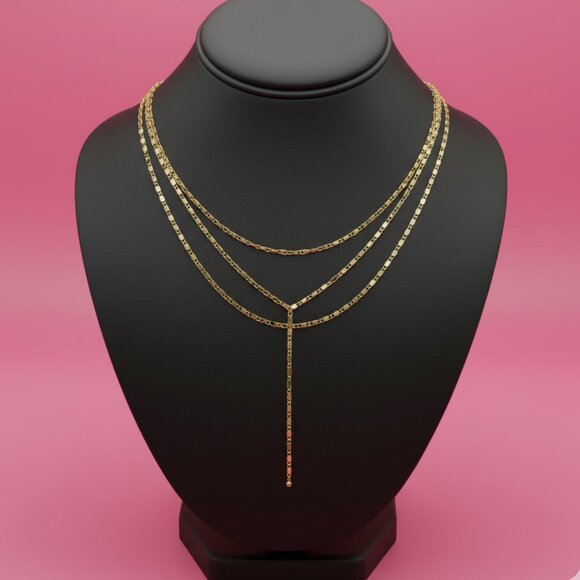 ✨ NWT BaubleBar Gold Layered Lariat Necklace - Mini Paperclip Chain - Picture 1 of 5